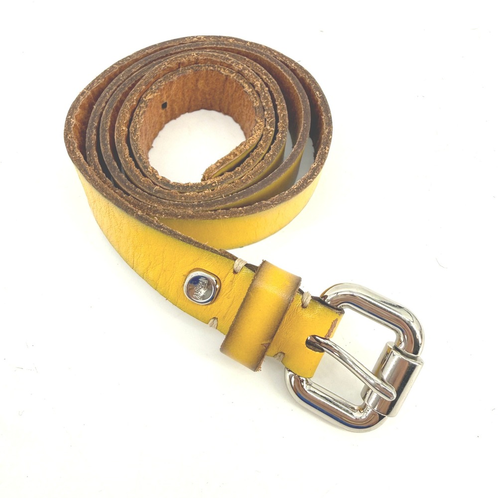 Fossil Belt Women Size Large Yellow Leather Silver Buckle Logo Stud Casual Boho